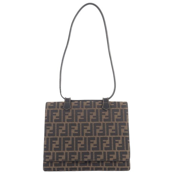 Fendi Zucca Flap Handbag Canvas | Leather Beige Black Women's FENDI - Picture 1 of 16